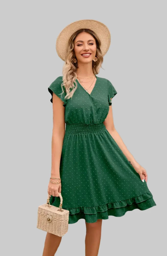 Short Sleeve Waist Stretch Dress - S / Green - Dresses
