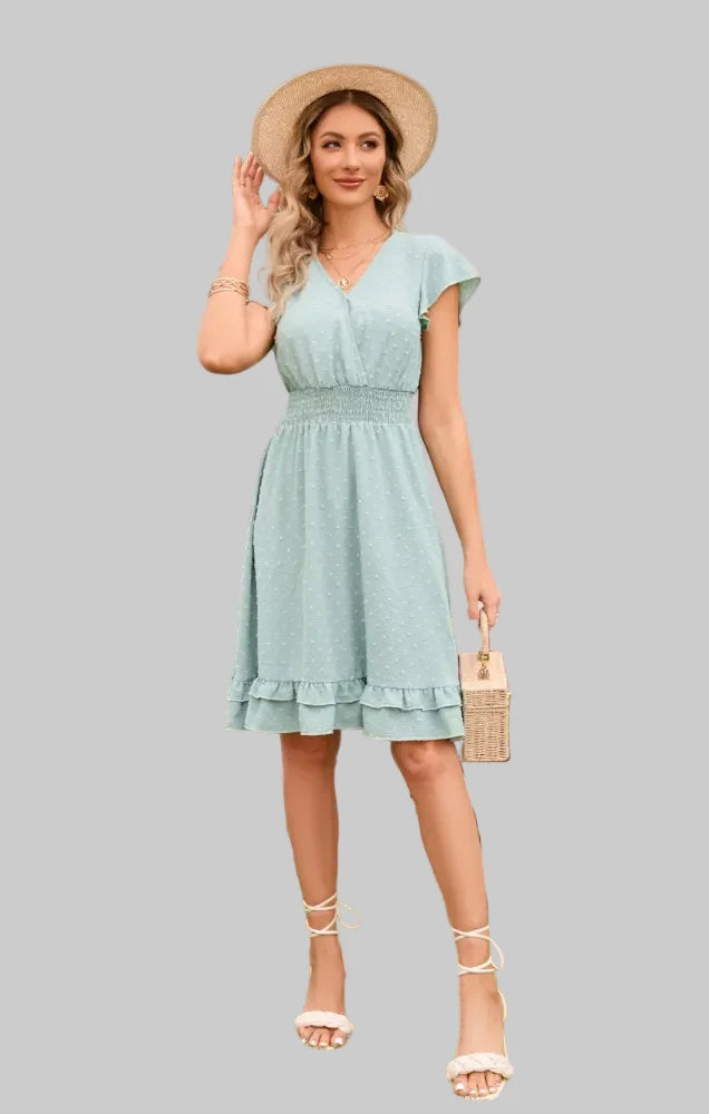 Short Sleeve Waist Stretch Dress - S / Mint - Dresses