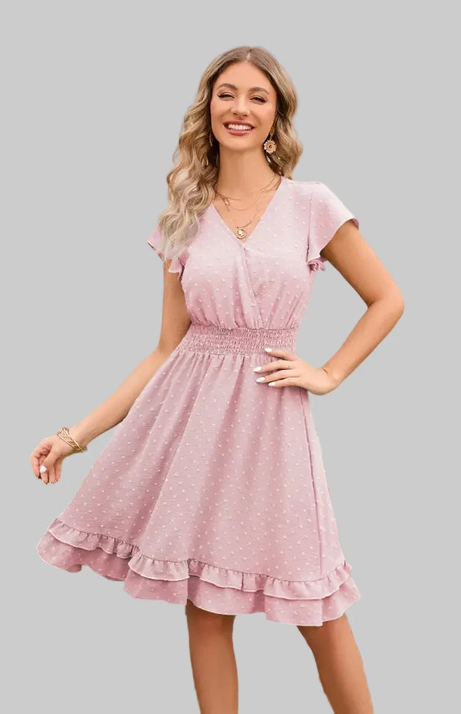 Short Sleeve Waist Stretch Dress - S / Pink - Dresses