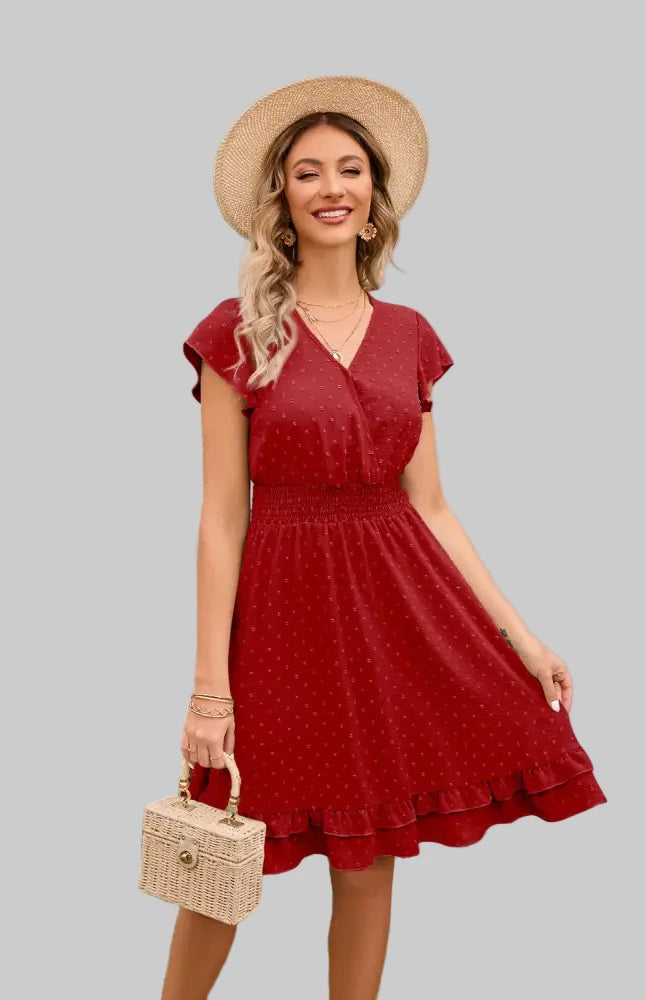 Short Sleeve Waist Stretch Dress - S / Red - Dresses