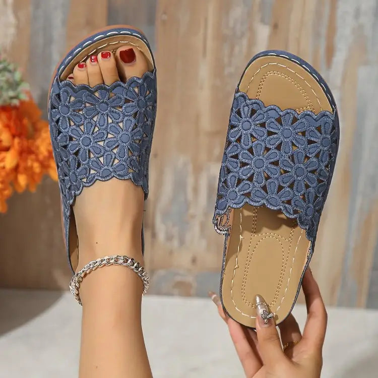 Simple Floral Cutout Platform Slippers - 36 / Blue - Shoes
