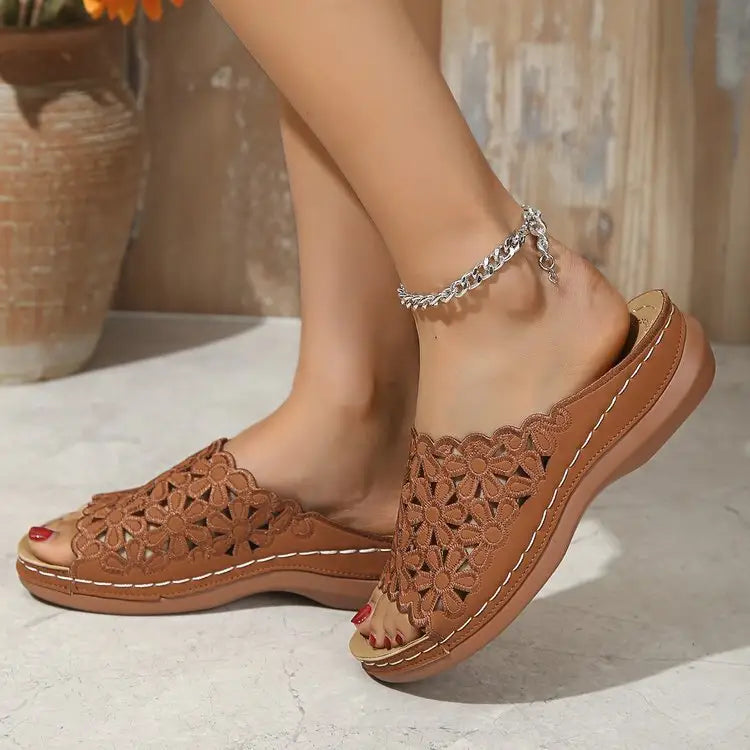 Simple Floral Cutout Platform Slippers - 36 / Light Brown - Shoes