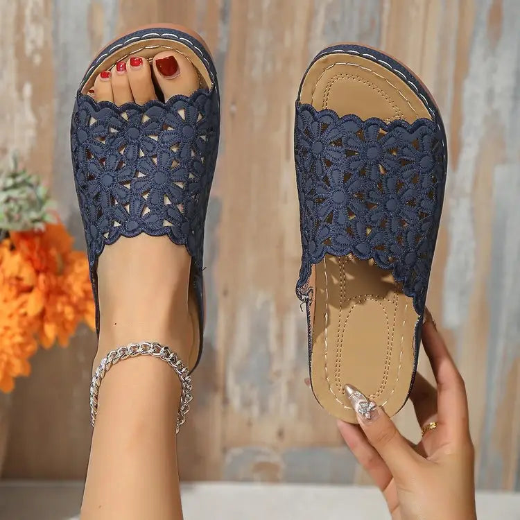 Simple Floral Cutout Platform Slippers - 36 / Navy Blue - Shoes
