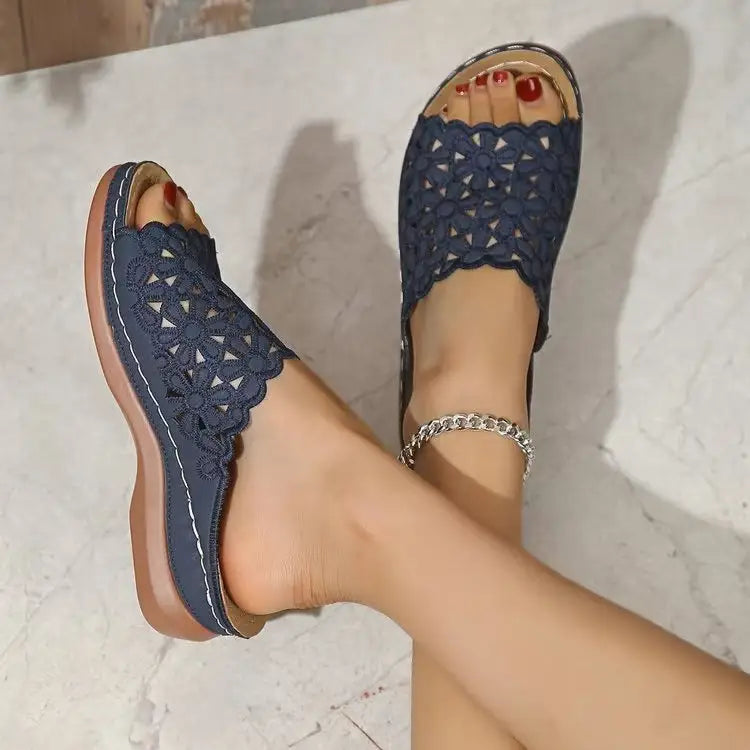Simple Floral Cutout Platform Slippers - Shoes