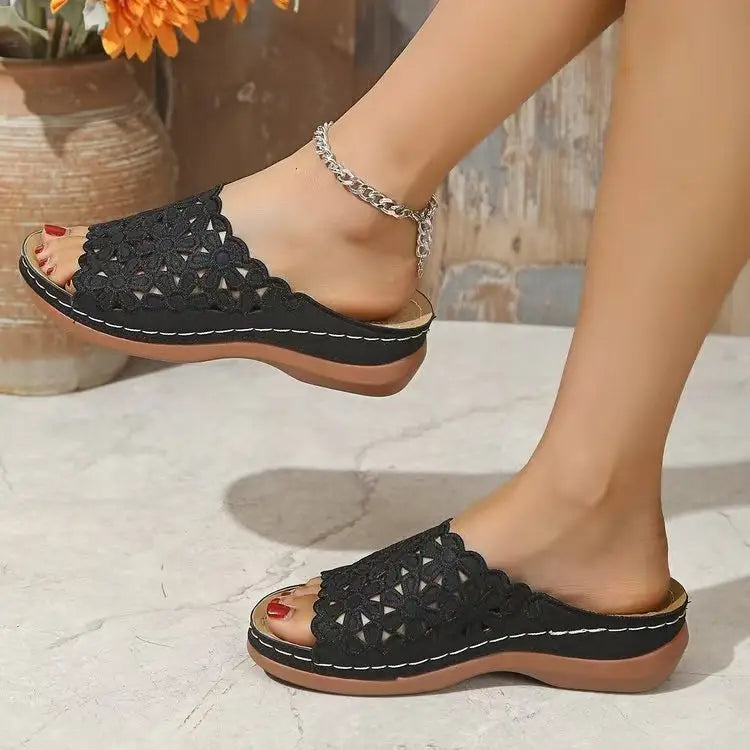 Simple Floral Cutout Platform Slippers - Shoes