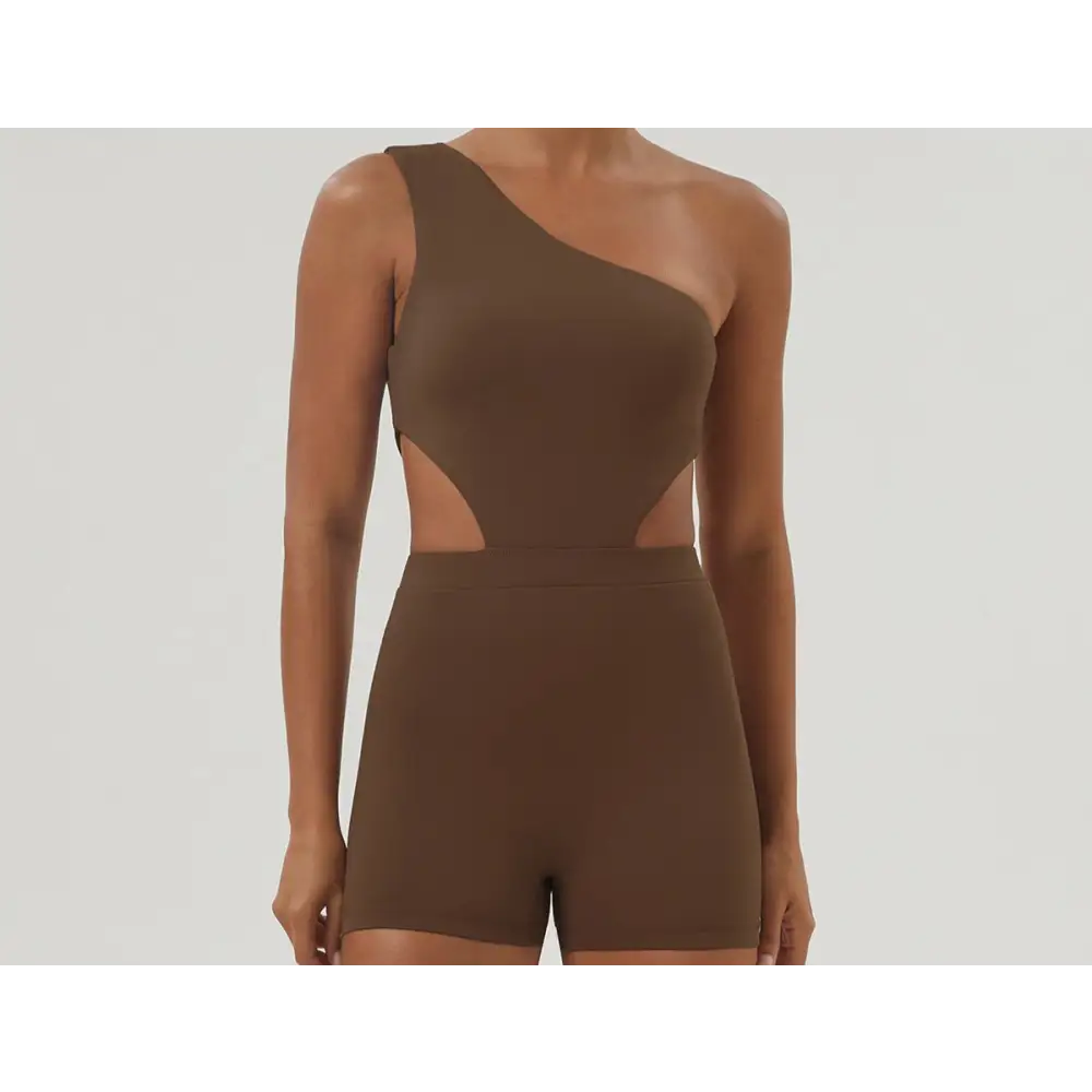 Slant Shoulder Sexy Yoga Body Shaping Slim Sports Workout Romper - S / Brown - Activewear