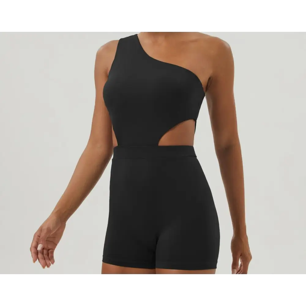Slant Shoulder Sexy Yoga Body Shaping Slim Sports Workout Romper - S / Black - Activewear