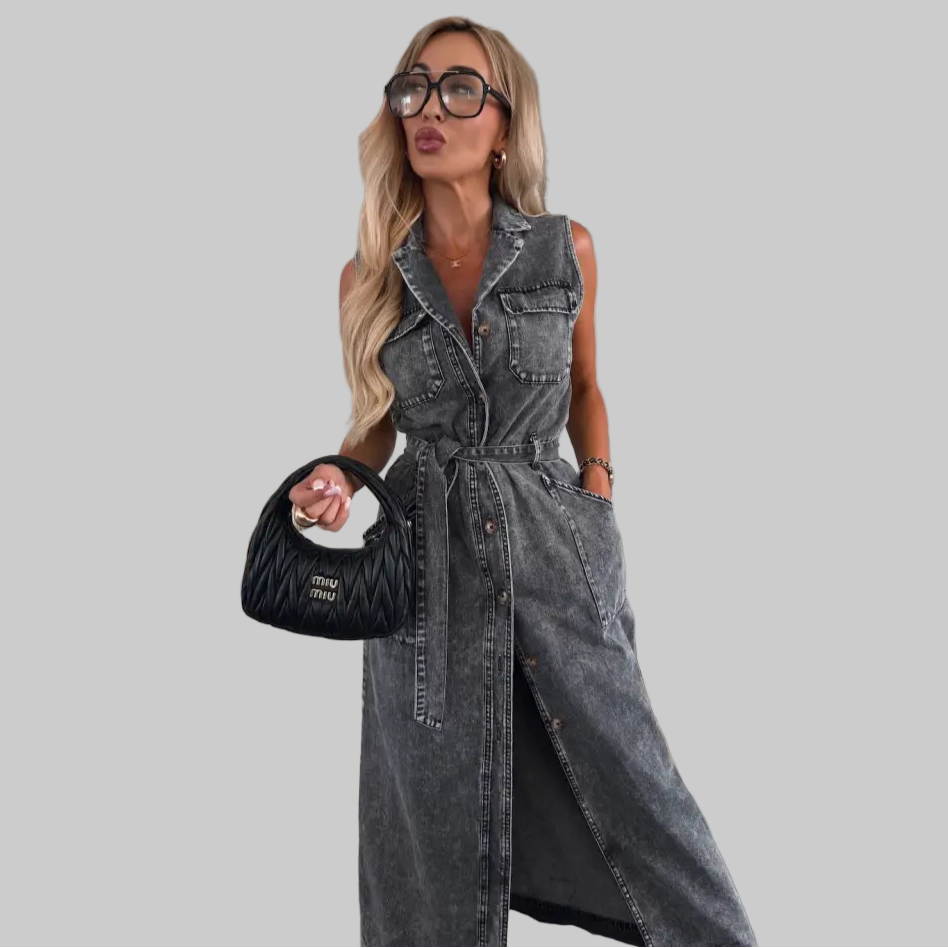 Sleeveless Long Tie Waist Denim Dress - S / Black - Dresses