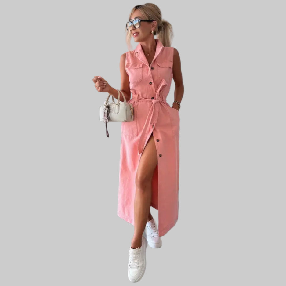 Sleeveless Long Tie Waist Denim Dress - S / Pink - Dresses