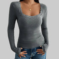 Slim Fit Square Collar Long Sleeve Top - S / Gray - Shirts & Blouses