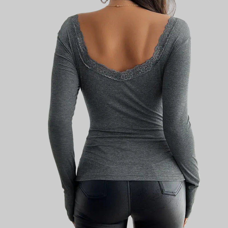 Slim Fit Square Collar Long Sleeve Top - Shirts & Blouses