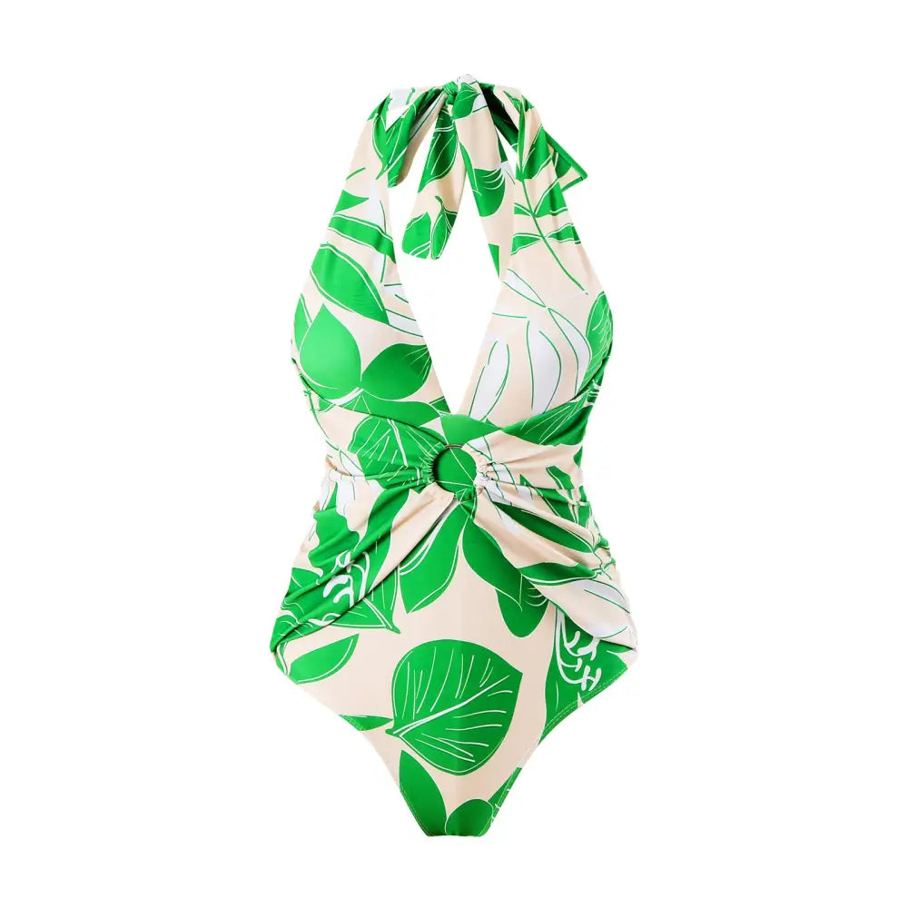 Slimming Retro Green Printing Swimsuit - S / Swimsuits