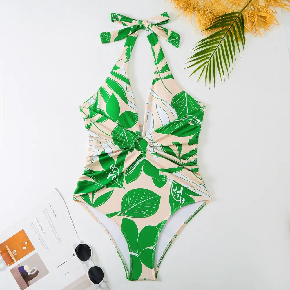 Slimming Retro Green Printing Swimsuit - Swimsuits