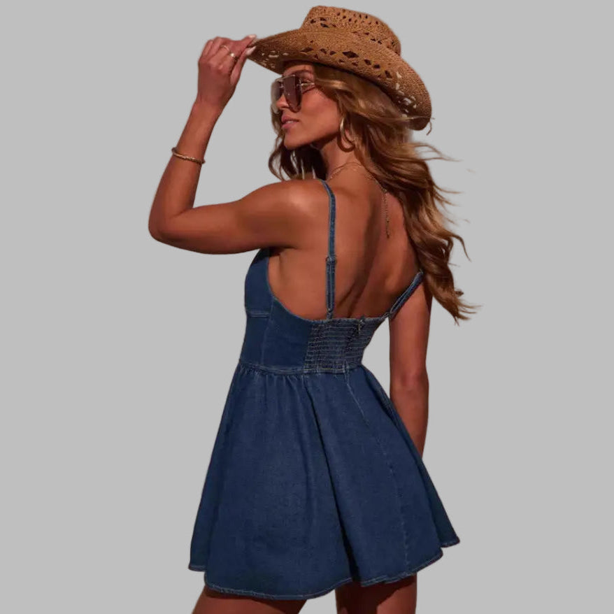Sling High Waist Denim Wide Hem Dress - Dresses