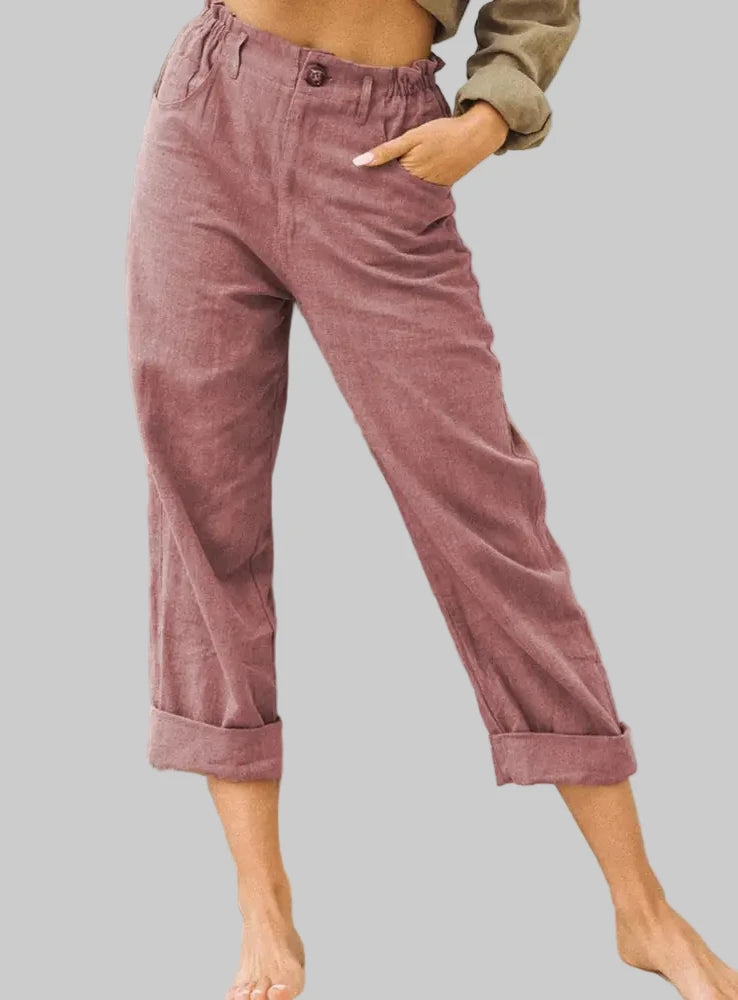 Solid Color Cotton Linen High Waist Trousers - S / Burgundy - Pants