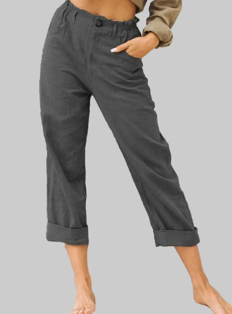 Solid Color Cotton Linen High Waist Trousers - S / Dark Grey - Pants