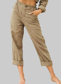 Solid Color Cotton Linen High Waist Trousers - S / Khaki - Pants