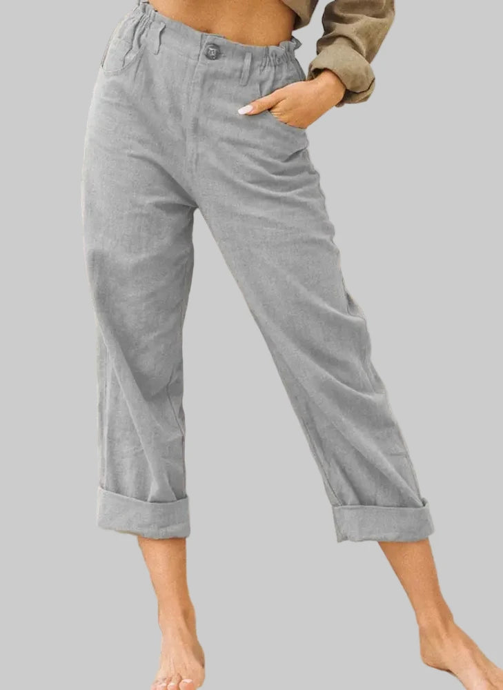 Solid Color Cotton Linen High Waist Trousers - S / Light Gray - Pants