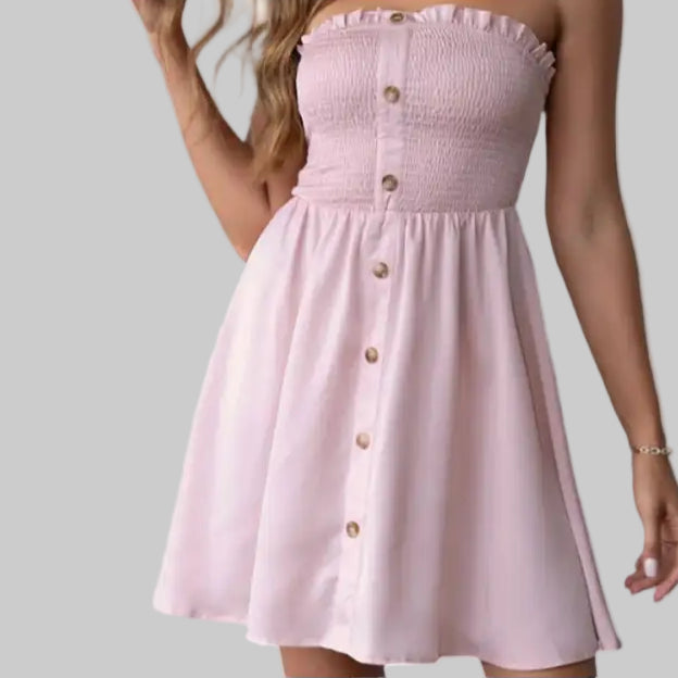 Solid Color Pocket Button Tube Top Dress - XS / Pink - Dresses