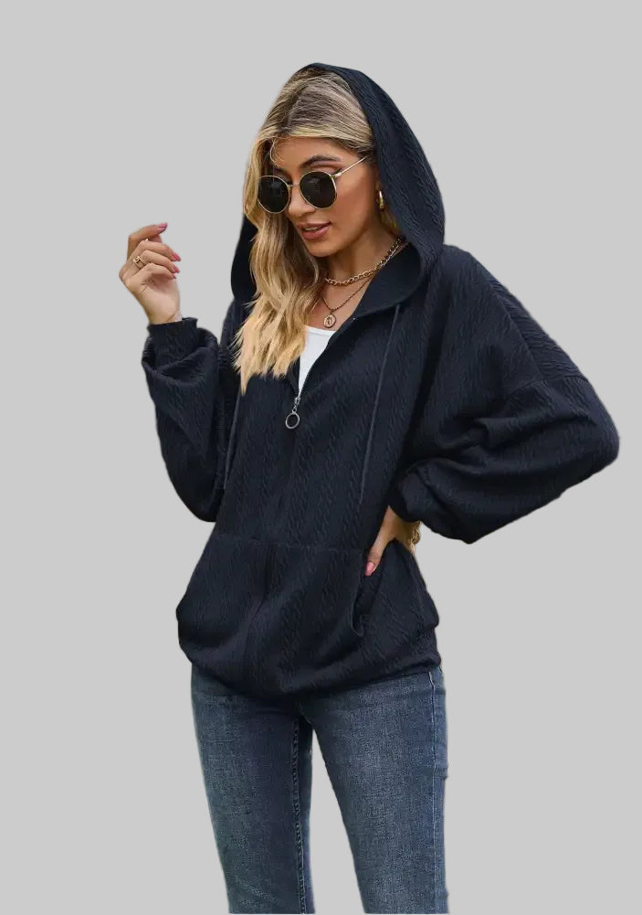 Solid Color Pocket Long-Sleeve Loose Hooded Sweatshirt - Sweatshirts & Hoodies