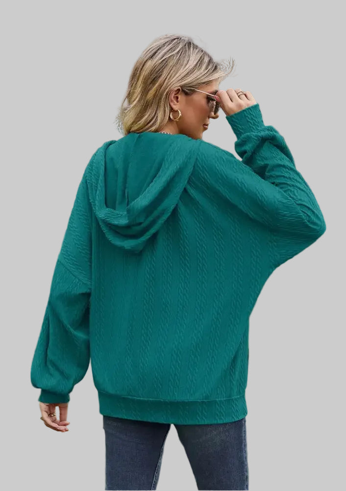 Solid Color Pocket Long-Sleeve Loose Hooded Sweatshirt - Sweatshirts & Hoodies