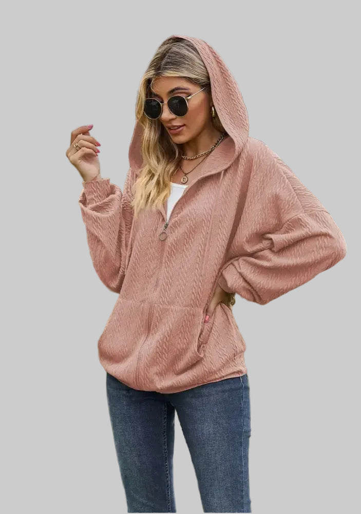Solid Color Pocket Long-Sleeve Loose Hooded Sweatshirt - Sweatshirts & Hoodies