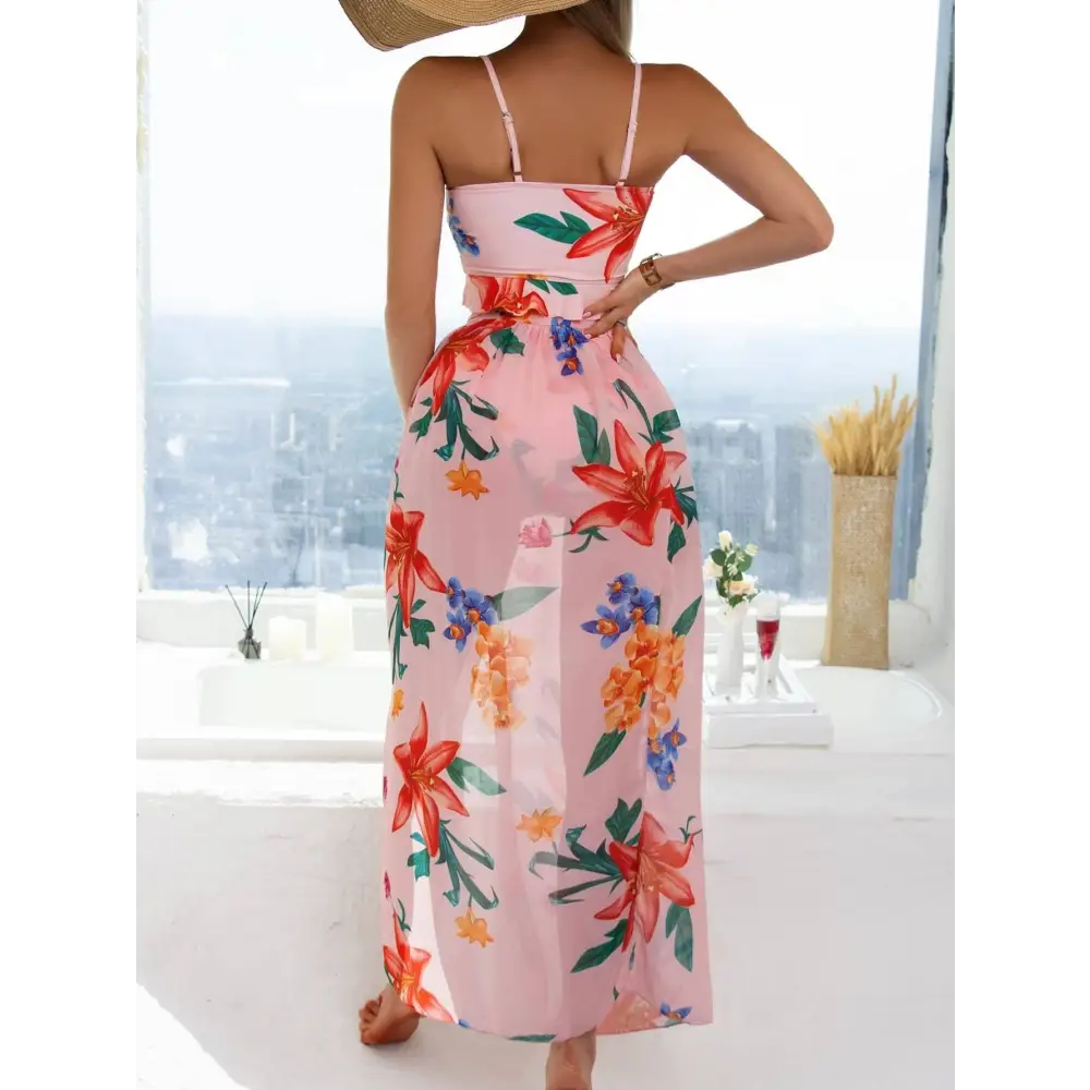 Split Printed High Waist Triangle Bow Three Piece Bikini - Cover-ups & Kimonos