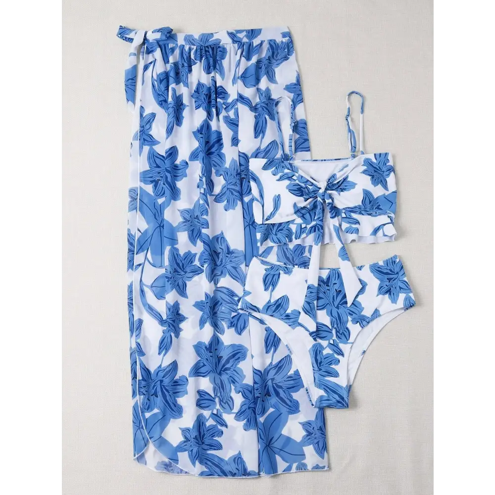 Split Printed High Waist Triangle Bow Three Piece Bikini - Cover-ups & Kimonos