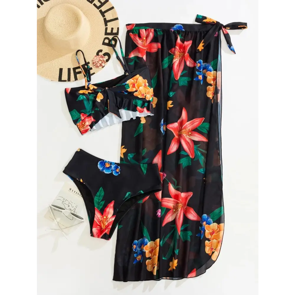 Split Printed High Waist Triangle Bow Three Piece Bikini - Cover-ups & Kimonos
