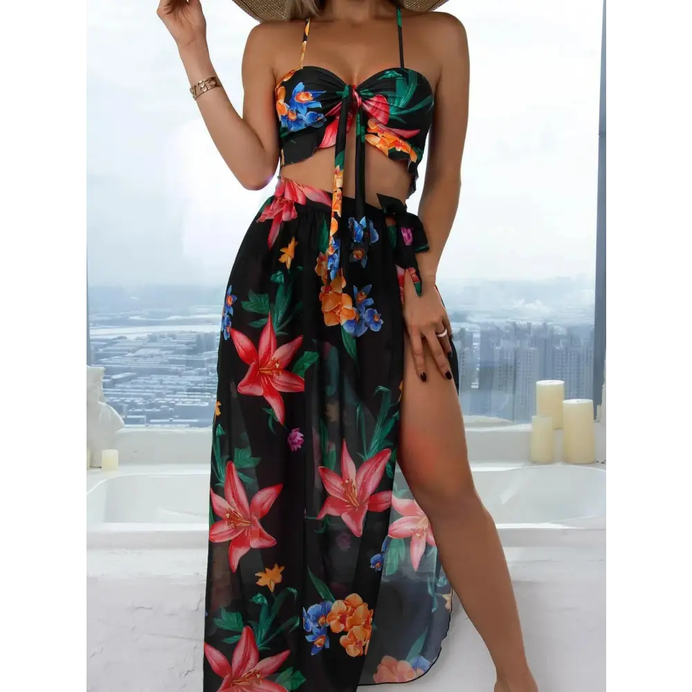 Split Printed High Waist Triangle Bow Three Piece Bikini - S / Black - Cover-ups & Kimonos