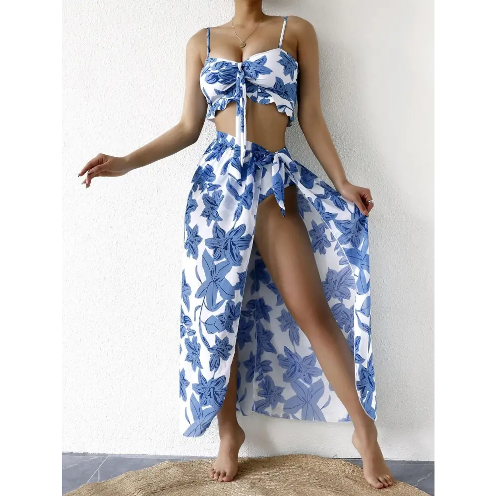 Split Printed High Waist Triangle Bow Three Piece Bikini - S / Blue - Cover-ups & Kimonos