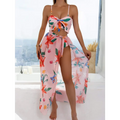 Split Printed High Waist Triangle Bow Three Piece Bikini - S / Pink - Cover-ups & Kimonos