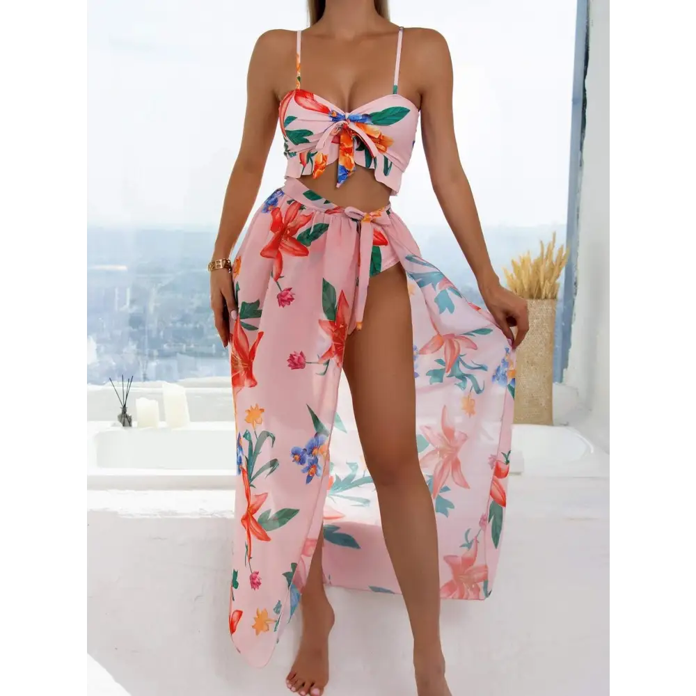 Split Printed High Waist Triangle Bow Three Piece Bikini - S / Pink - Cover-ups & Kimonos