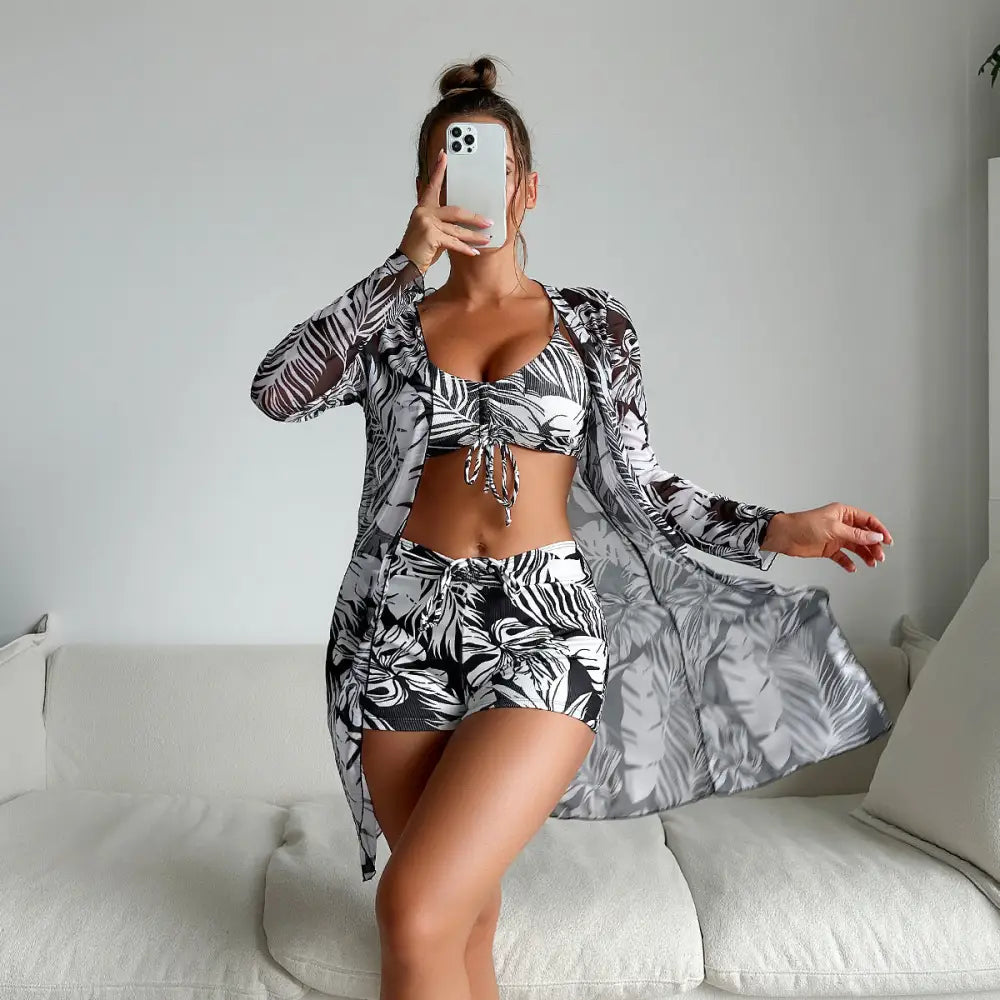 Split Three Piece Shorts Bikini Printed Coverup - S / Black - Swimwear