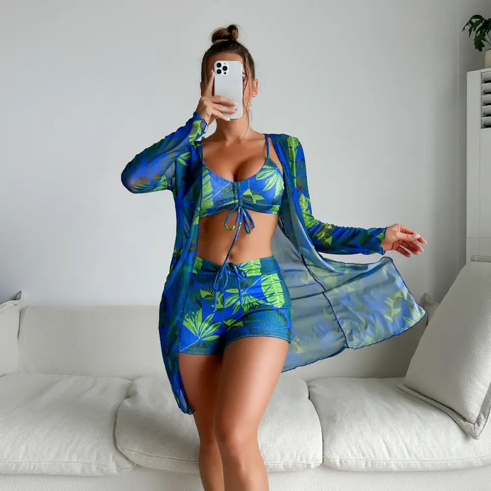 Split Three Piece Shorts Bikini Printed Coverup - S / Blue - Swimwear