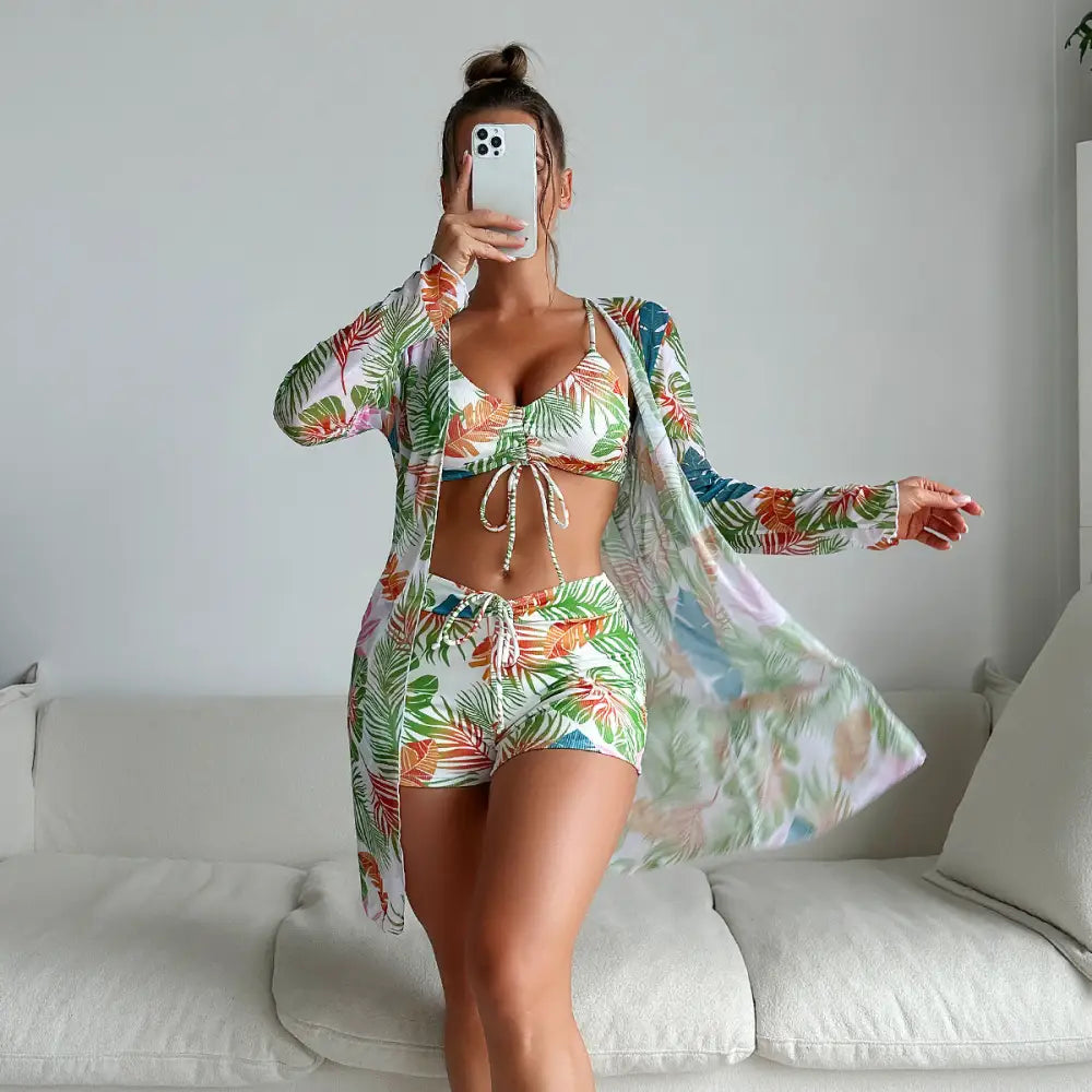 Split Three Piece Shorts Bikini Printed Coverup - S / Green Leaves on White Background - Swimwear