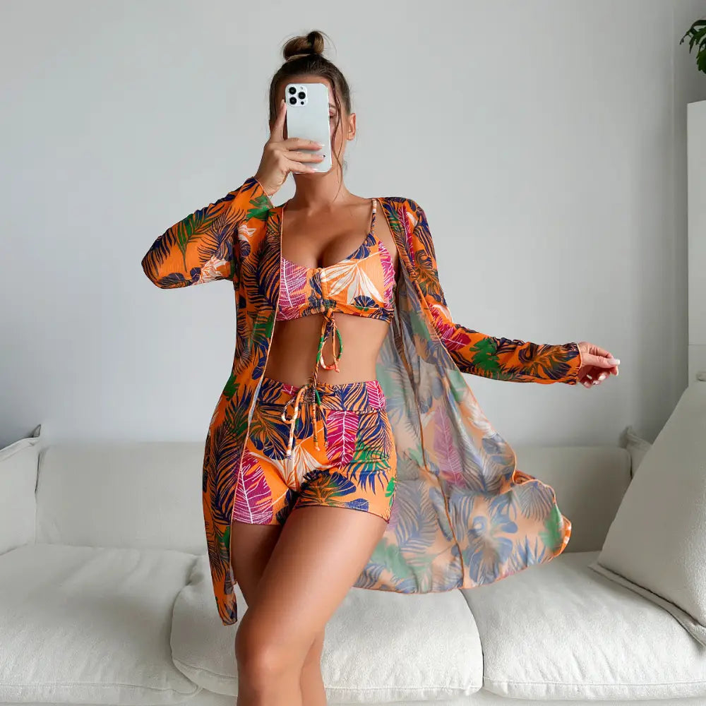 Split Three Piece Shorts Bikini Printed Coverup - S / Orange - Swimwear