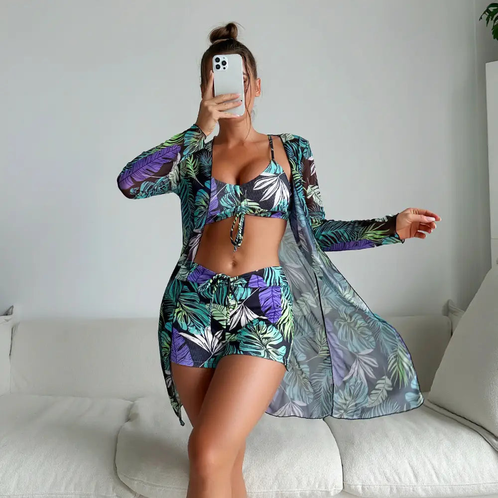 Split Three Piece Shorts Bikini Printed Coverup - S / Purple Leaf - Swimwear