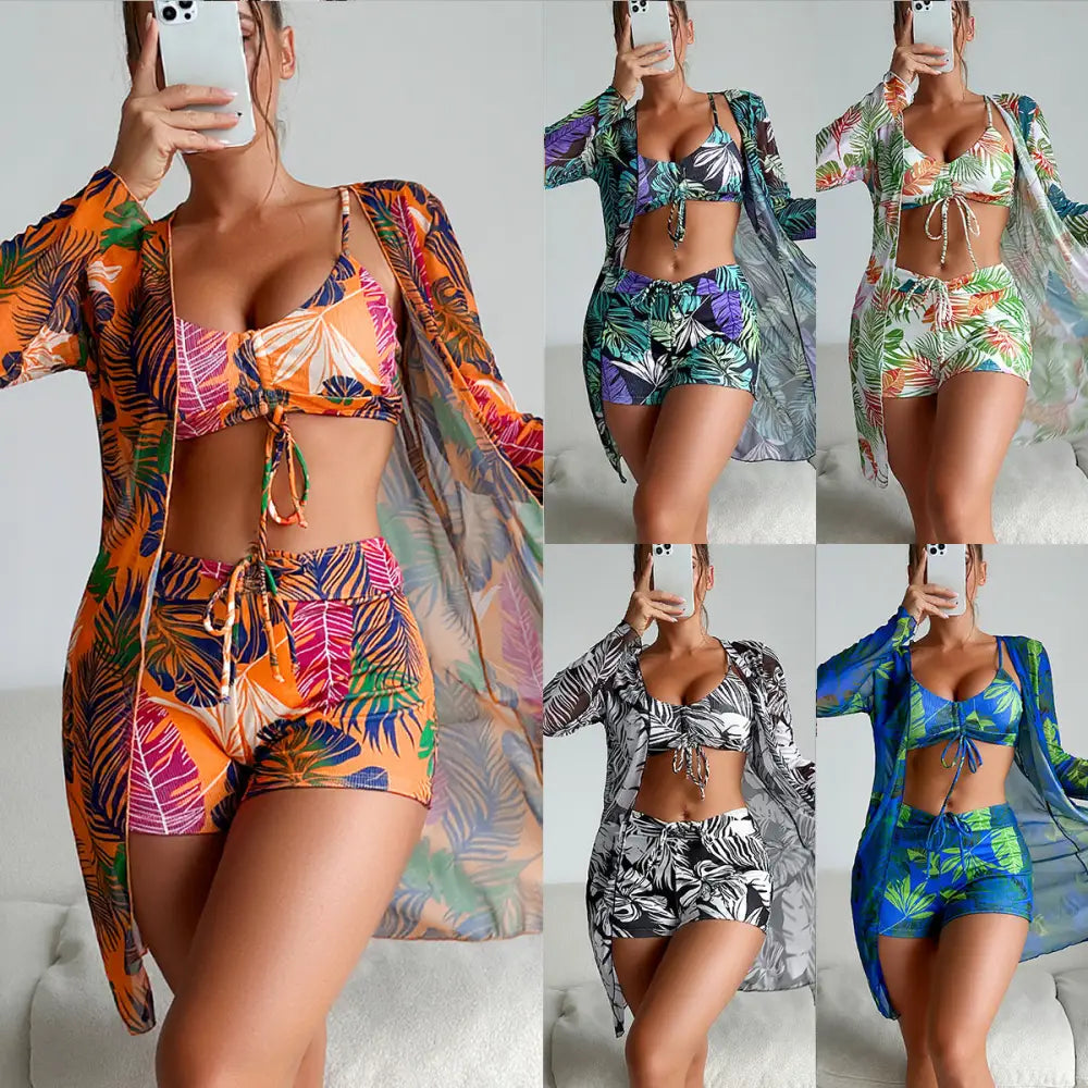 Split Three Piece Shorts Bikini Printed Coverup - Swimwear