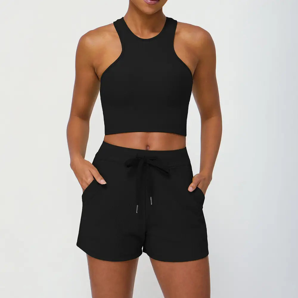 Sports Drawstring Shorts Pocket Yoga Fitness Suit - S / Black - Activewear