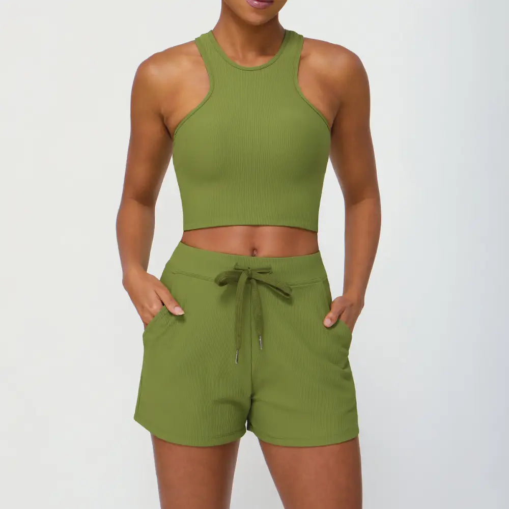 Sports Drawstring Shorts Pocket Yoga Fitness Suit - S / Deep Grass Green - Activewear
