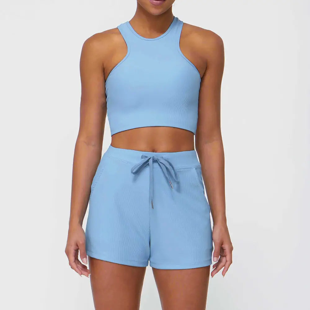 Sports Drawstring Shorts Pocket Yoga Fitness Suit - S / Light Blue - Activewear