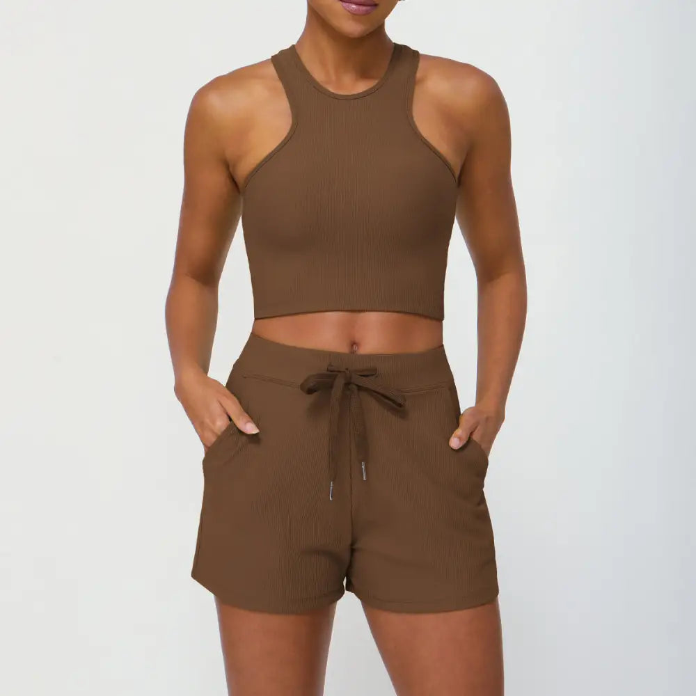 Sports Drawstring Shorts Pocket Yoga Fitness Suit - S / Tea coffee color - Activewear