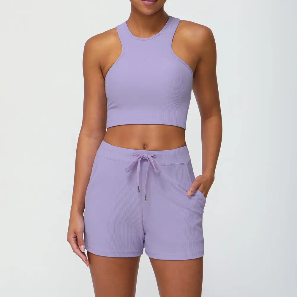 Sports Drawstring Shorts Pocket Yoga Fitness Suit - S / Vanilla Purple - Activewear