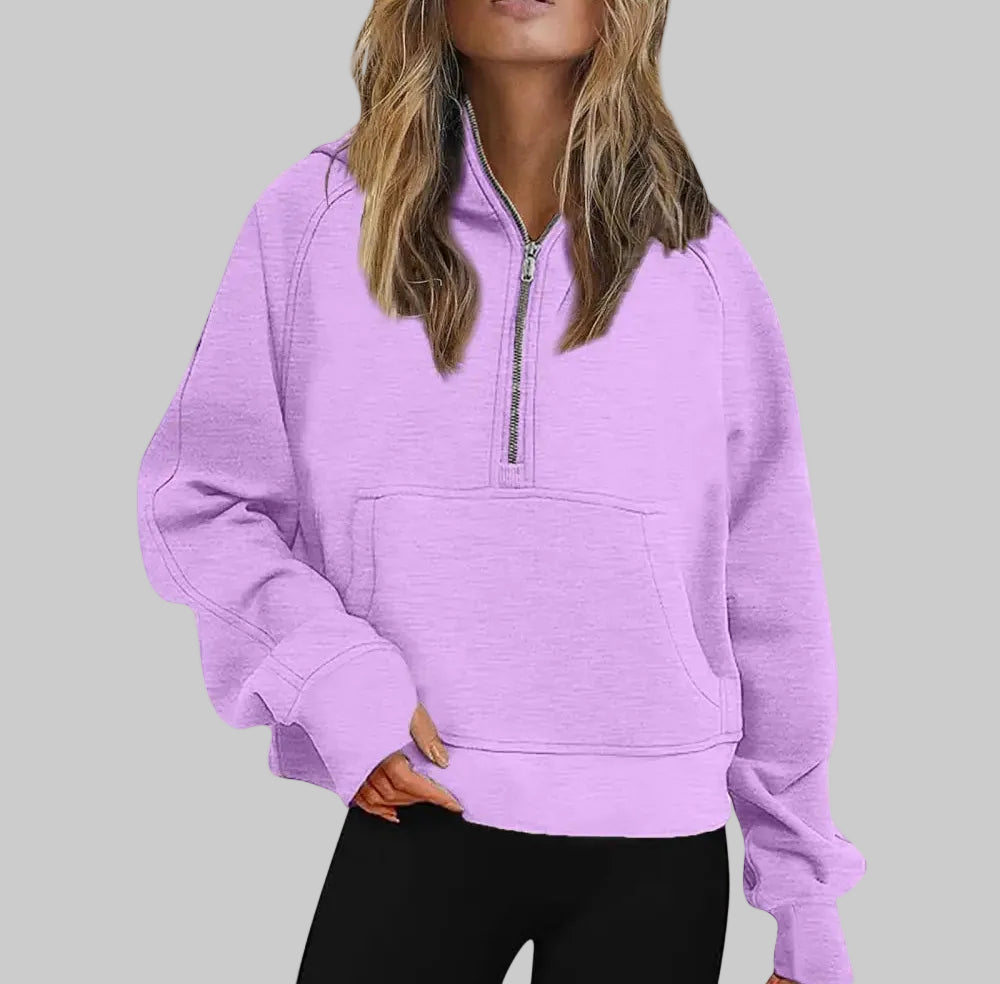 Sports Half Zipper Loose Short Fleece Lined Pullover Sweatshirt - S / Magenta - Sweatshirts & Hoodies