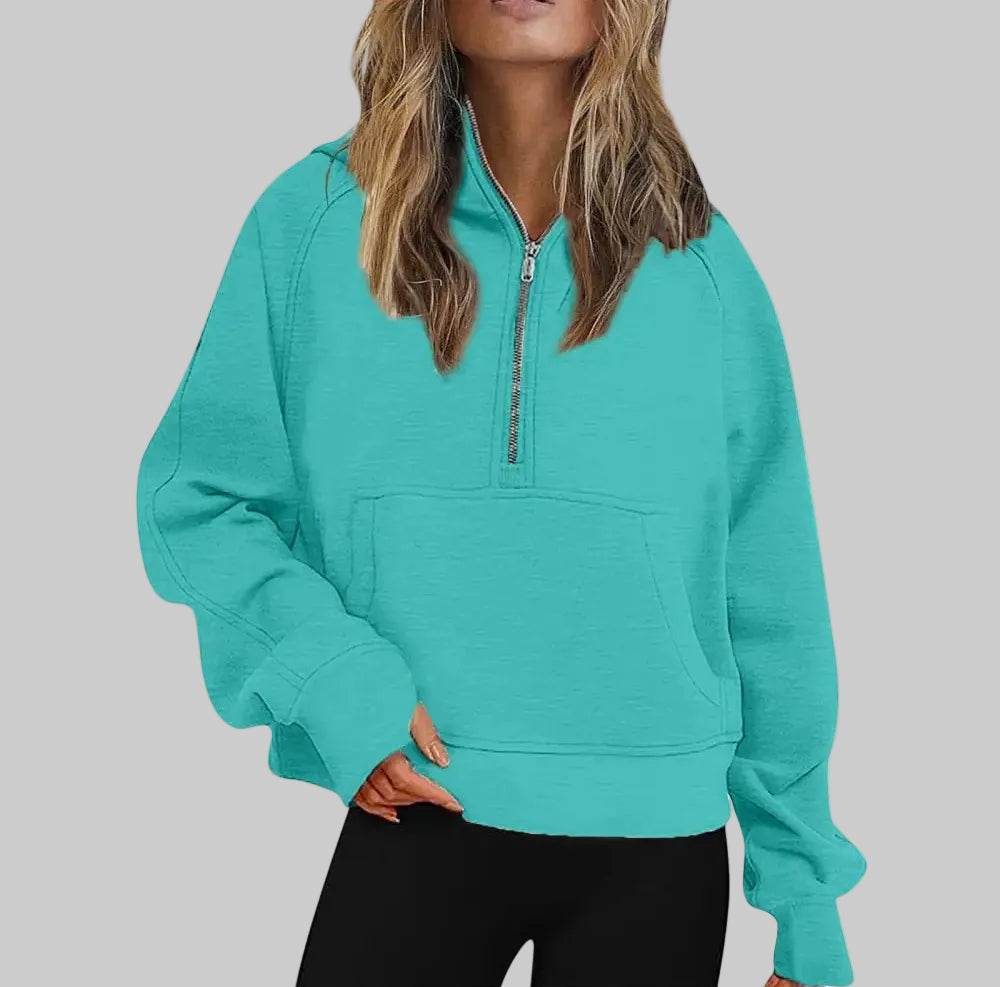 Sports Half Zipper Loose Short Fleece Lined Pullover Sweatshirt - S / Green - Sweatshirts & Hoodies