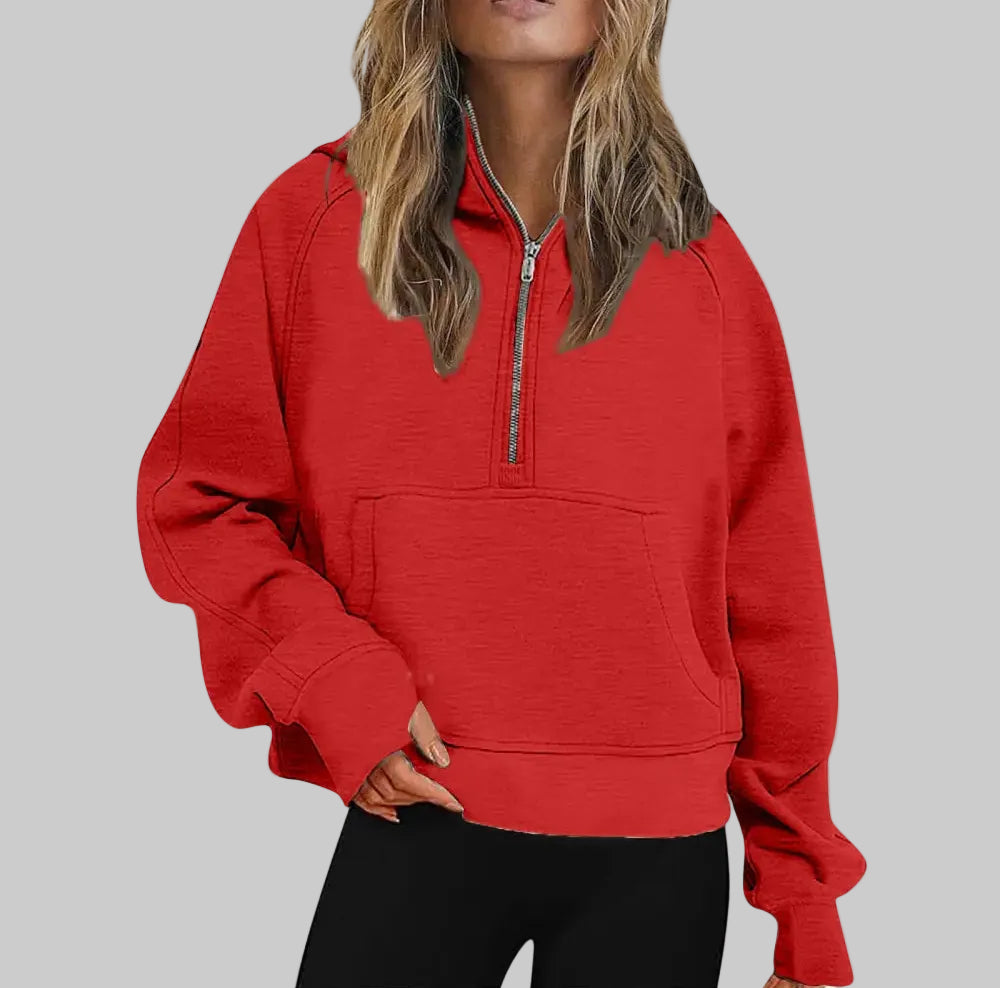 Sports Half Zipper Loose Short Fleece Lined Pullover Sweatshirt - S / Red - Sweatshirts & Hoodies