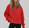 Sports Half Zipper Loose Short Fleece Lined Pullover Sweatshirt - S / Red - Sweatshirts & Hoodies