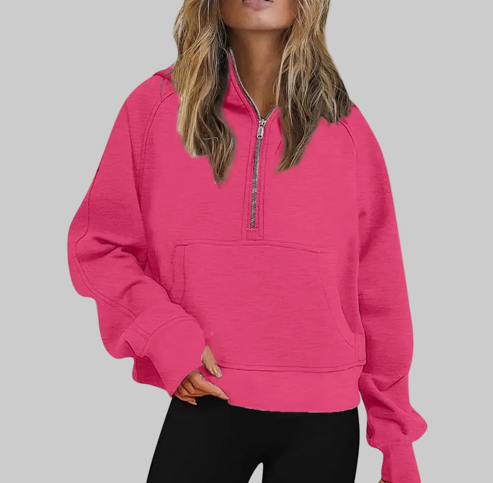 Sports Half Zipper Loose Short Fleece Lined Pullover Sweatshirt - S / Coral Red - Sweatshirts & Hoodies