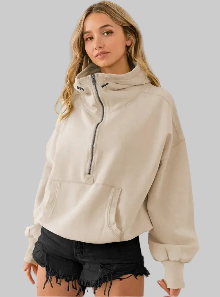 Sports Zipper Drawstring Long Sleeve Sweater - S / Apricot - Sweatshirts & Hoodies